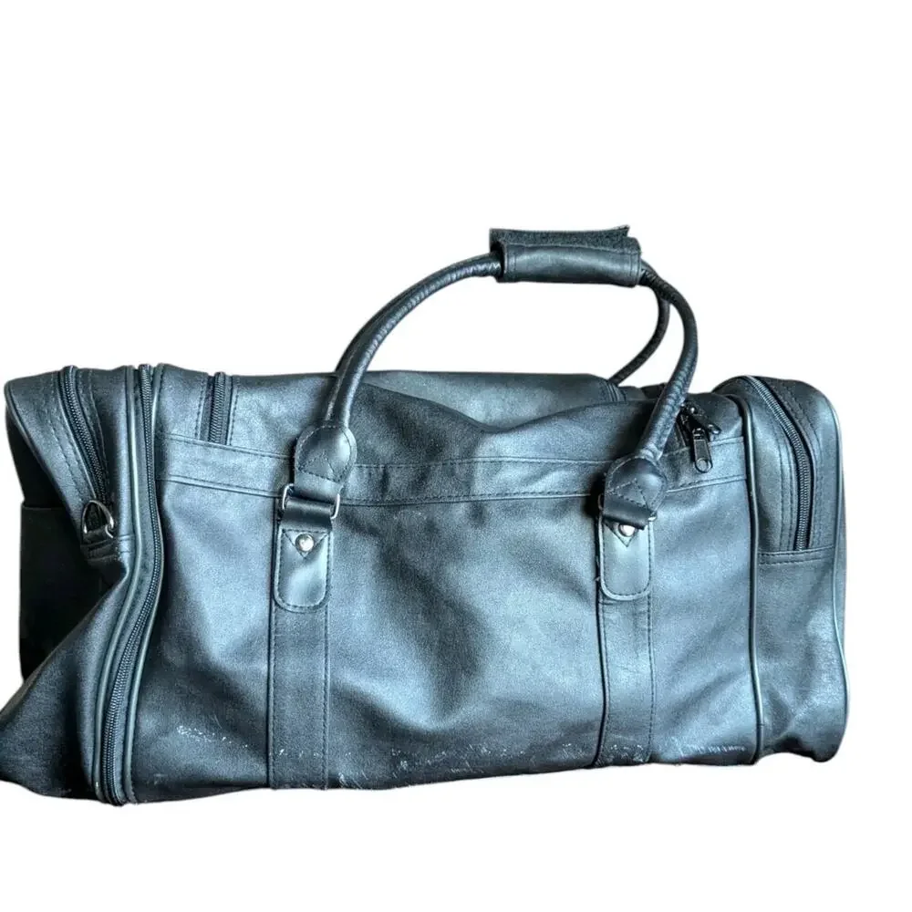 Vtg 90s Black Faux Leather Weekender Duffle Bag Carry On Travel Gym Overnight